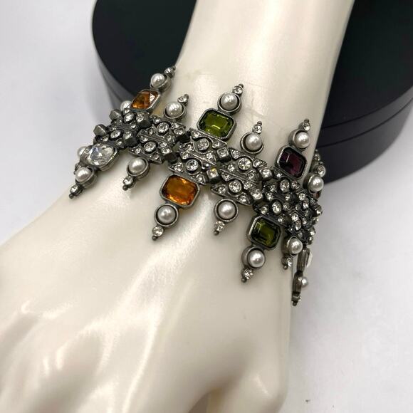 Ben-Amun Vntg Designer Multicolor Crystal White Pearl Art Deco Fringe Bracelet - Picture 1 of 12